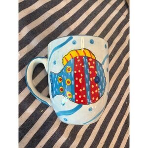 Hand Painted Ceramic Tropical Fish Coffee Mug Blue Red Yellow Nautical Whimsical